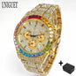 Fashion Gold Quartz Wristwatch for Men with Rainbow Diamonds