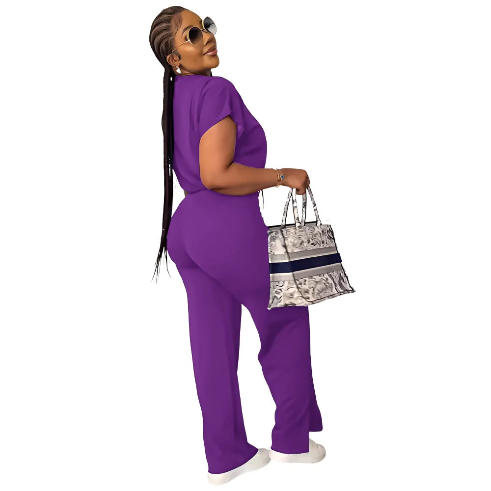 Women Casual Short Sleeve Drawstring Top and High Waist Pants Set