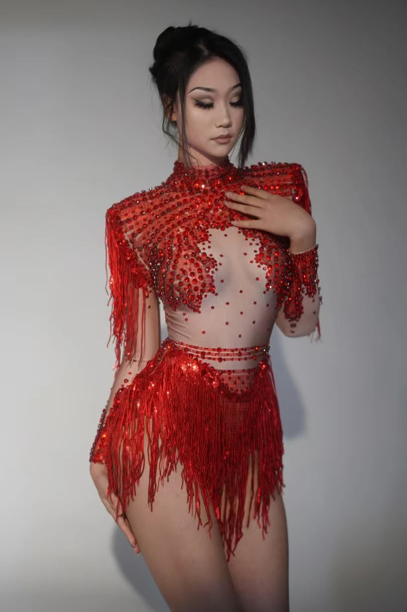 Rhinestone Tassel Elastic Bodysuit for Women