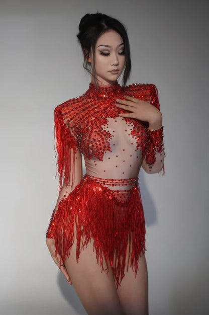 Rhinestone Tassel Elastic Bodysuit for Women