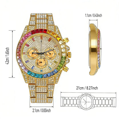 Fashion Gold Quartz Wristwatch for Men with Rainbow Diamonds