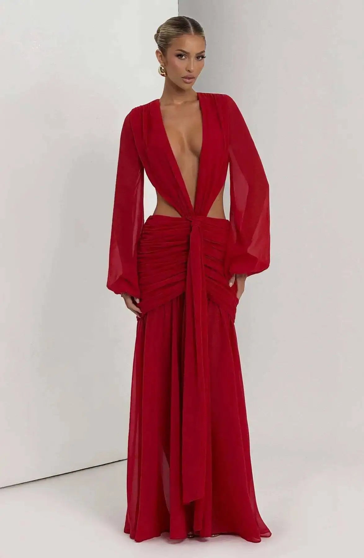 Deep V Hollow Backless Chiffon Maxi Party Dress