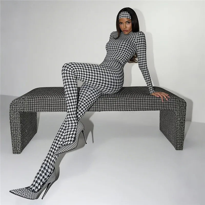 Plaid Bodycon Jumpsuit Women Turtleneck Fitness Clothing