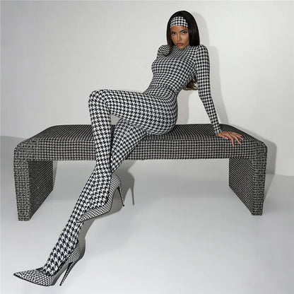 Plaid Bodycon Jumpsuit Women Turtleneck Fitness Clothing