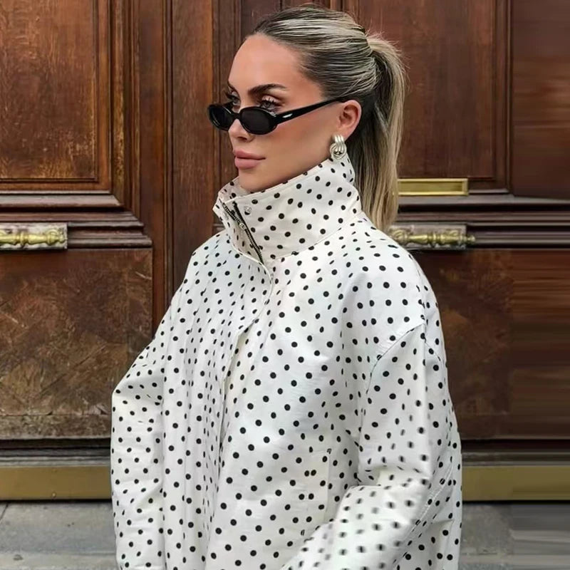 Polka Dot Bomber Jacket Women's Zip Up Crop Coat