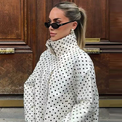 Polka Dot Bomber Jacket Women's Zip Up Crop Coat