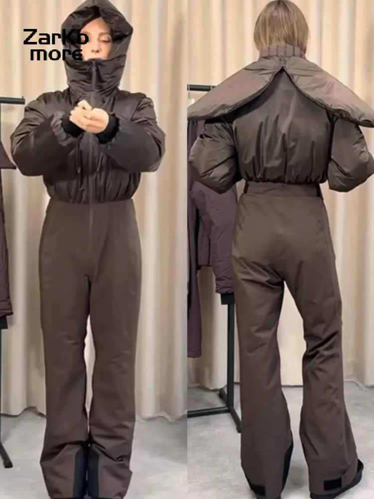 Hooded One-Piece Ski Jumpsuit for Women Windproof Outwear