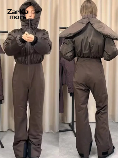 Hooded One-Piece Ski Jumpsuit for Women Windproof Outwear
