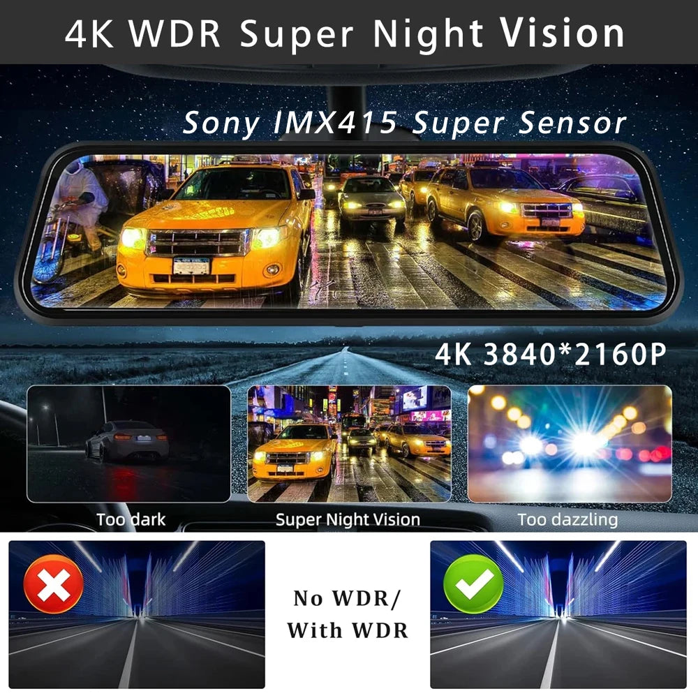 10 Inch 4K Dash Cam Rearview Mirror with GPS and WiFi