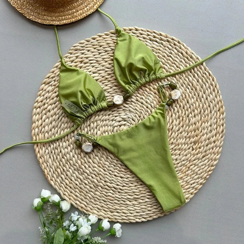 Solid Green Halter Triangle Bead String Bikini Set