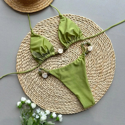 Solid Green Halter Triangle Bead String Bikini Set