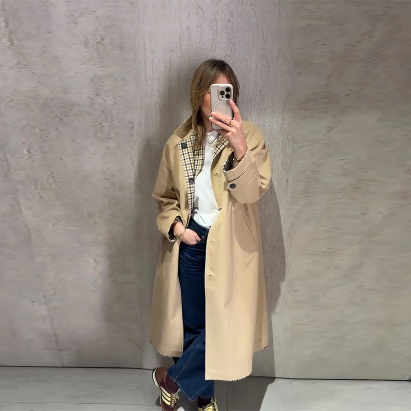 Reversible Plaid Long Trench Coat Women Single Breasted