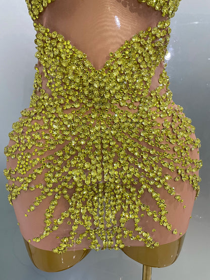 Sparkly Rhinestones Mesh See Through Dress for Women