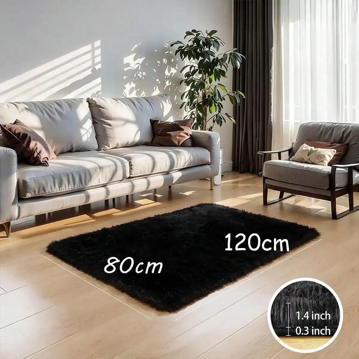 Black Plush Long-Pile Carpet, Soft Non-Slip Rug