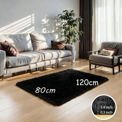 Black Plush Long-Pile Carpet, Soft Non-Slip Rug
