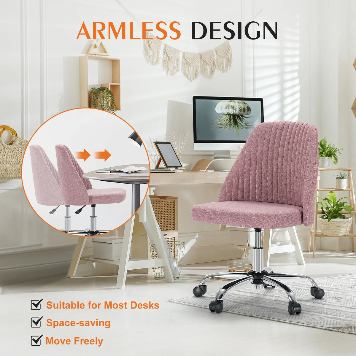 JHK Armless Swivel Office Chair with Fabric and Wheels