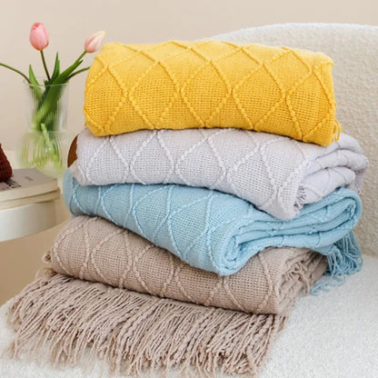 Khaki Knitted Acrylic Blanket with Tassels