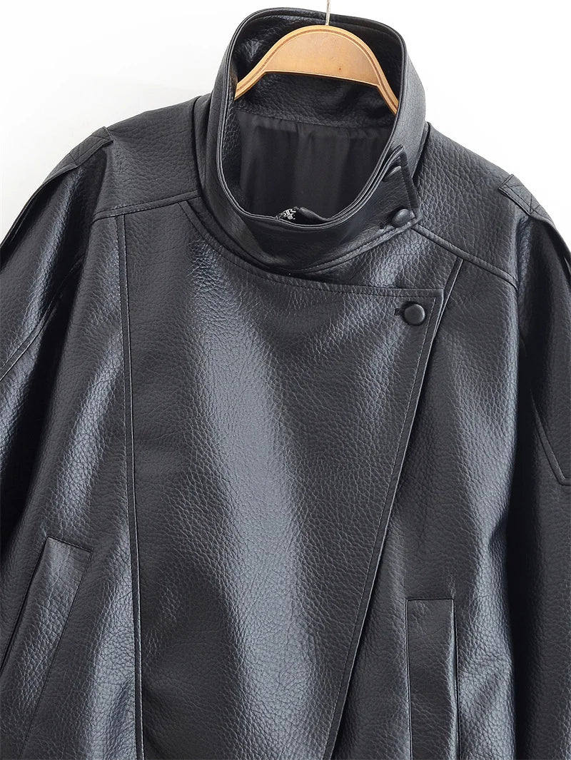 Black Long Sleeve Faux Leather Motorcycle Jacket