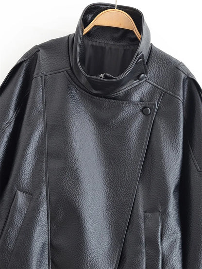 Black Long Sleeve Faux Leather Motorcycle Jacket