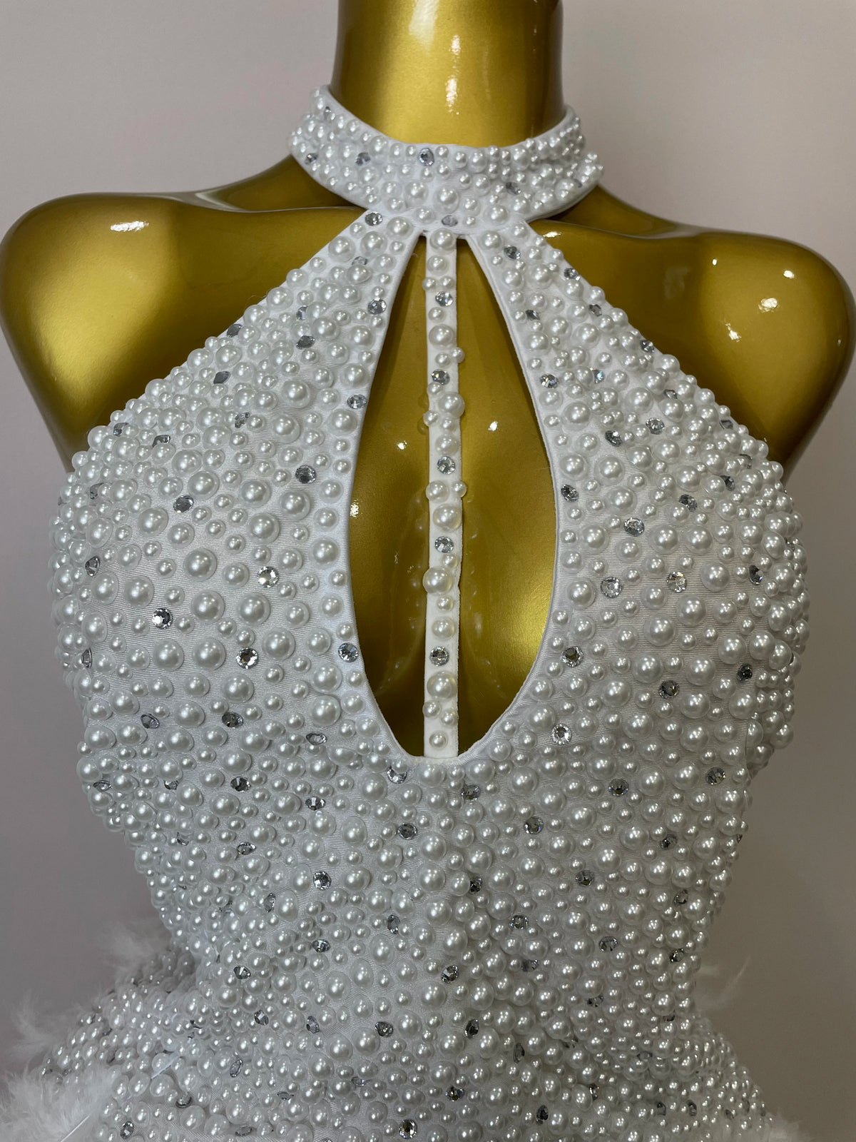 Luxury Rhinestones Pearls Feathers Halter Backless Dress