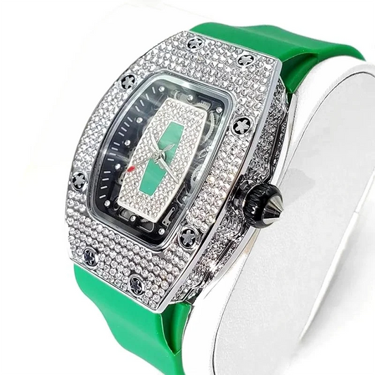Green Tonneau Quartz Watch for Women with Iced Diamonds