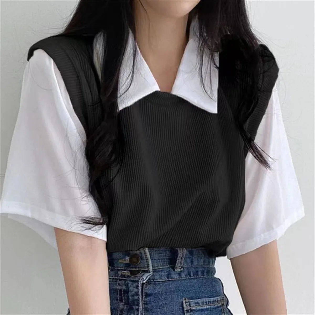 Korean Style Polo Collar Chiffon Blouse for Women