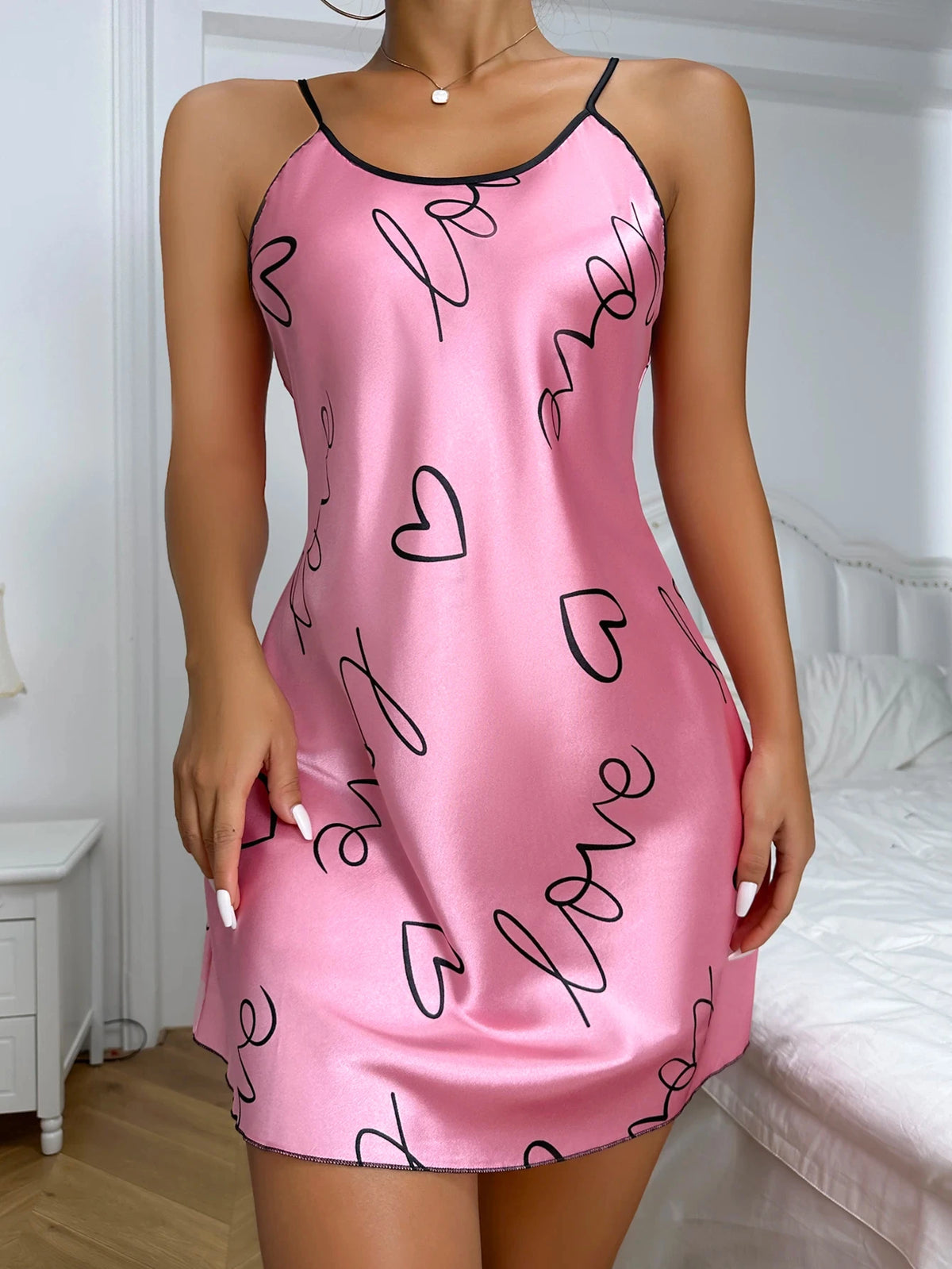 Heart Letter Print Spaghetti Strap Nightdress