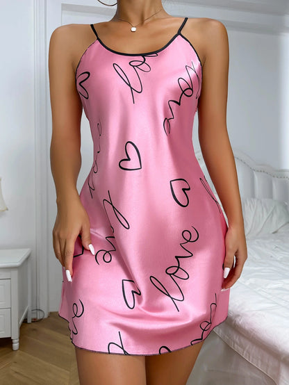 Heart Letter Print Spaghetti Strap Nightdress