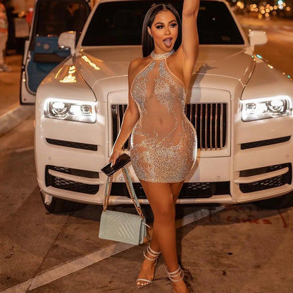 Rhinestone Mesh Bodycon Mini Dress for Women