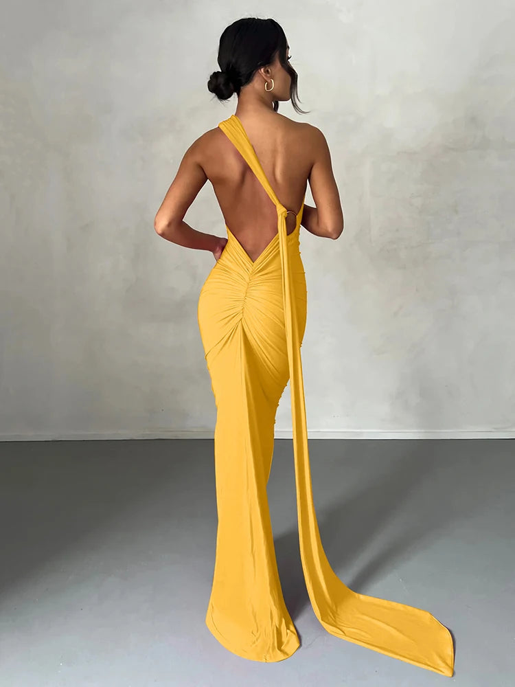 Hugcitar One Shoulder Backless Maxi Dress Women
