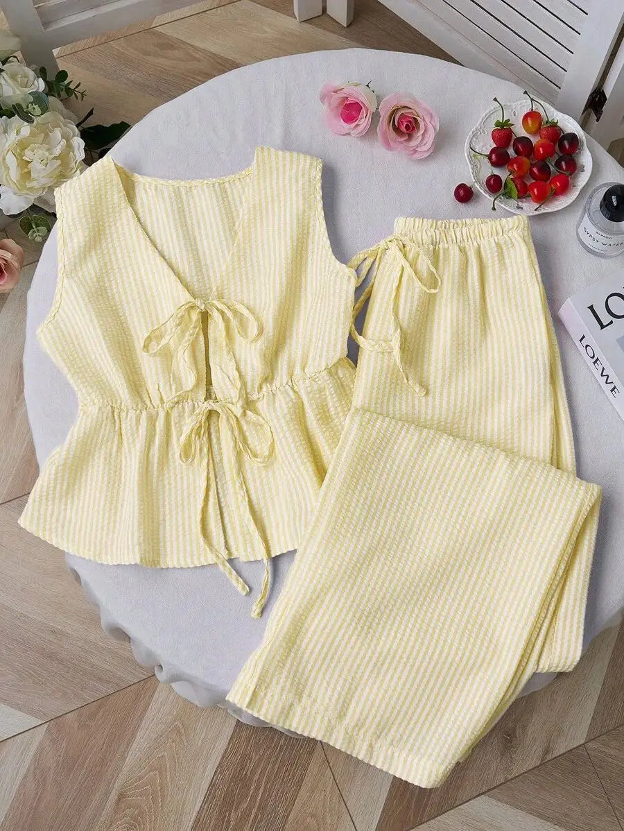 Women Striped V Neck Lace Up Blouse and Wide Leg Pants Set