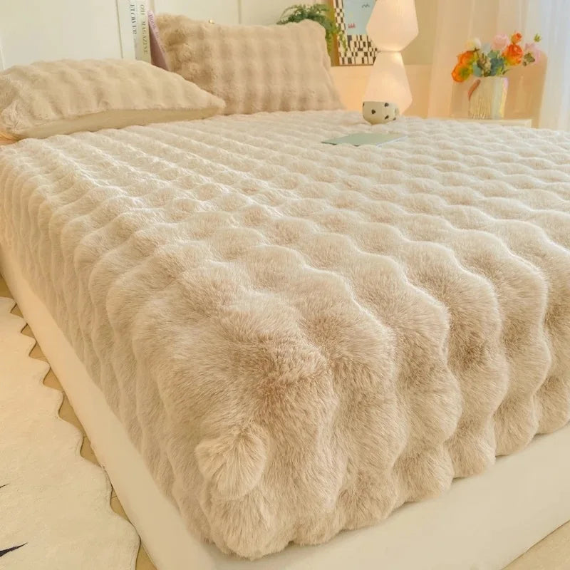 Fluffy Plush Fitted Bed Sheet Rabbit Fleece Solid Color
