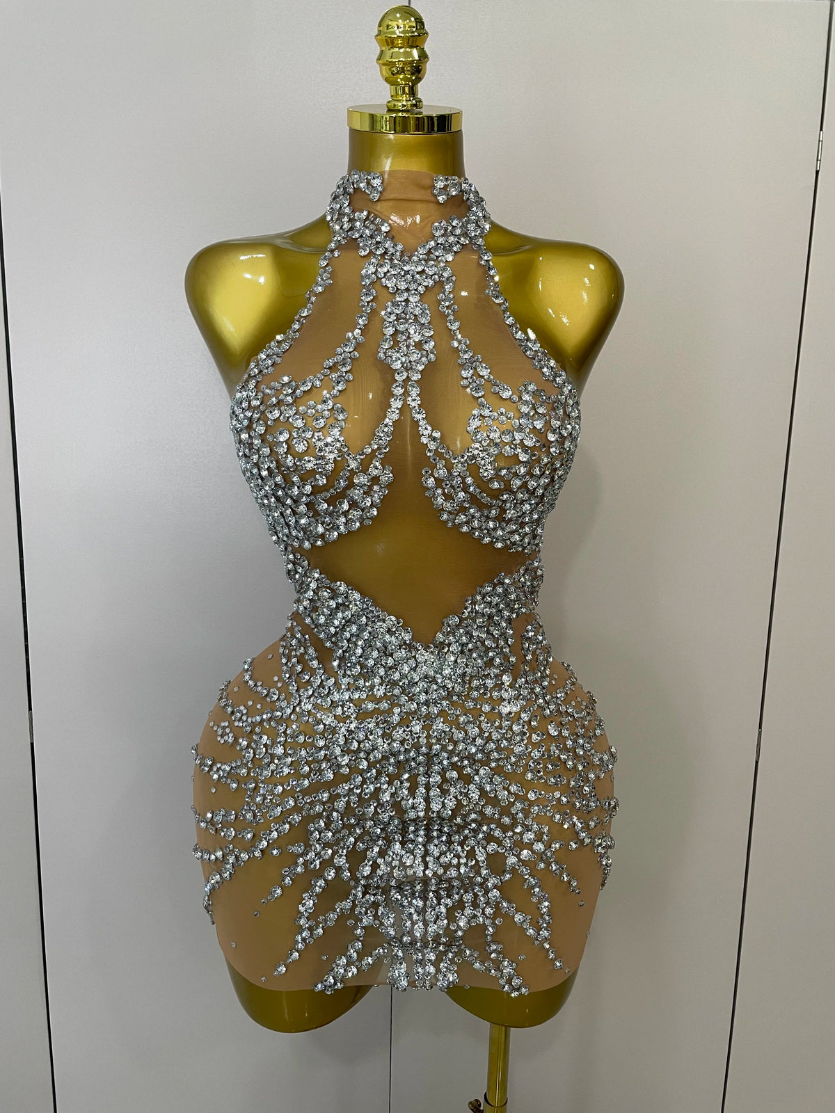 Sparkly Rhinestones Mesh See Through Dress for Women