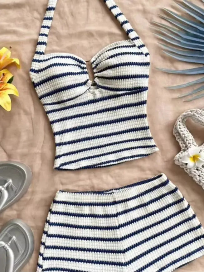 Summer Knit Halter Top and Shorts Set with Stripes