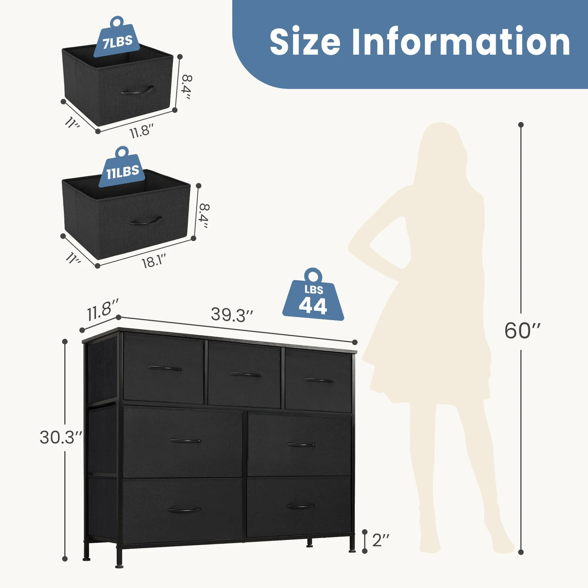 JHK Modern Wooden Dresser with 7 Fabric Drawers