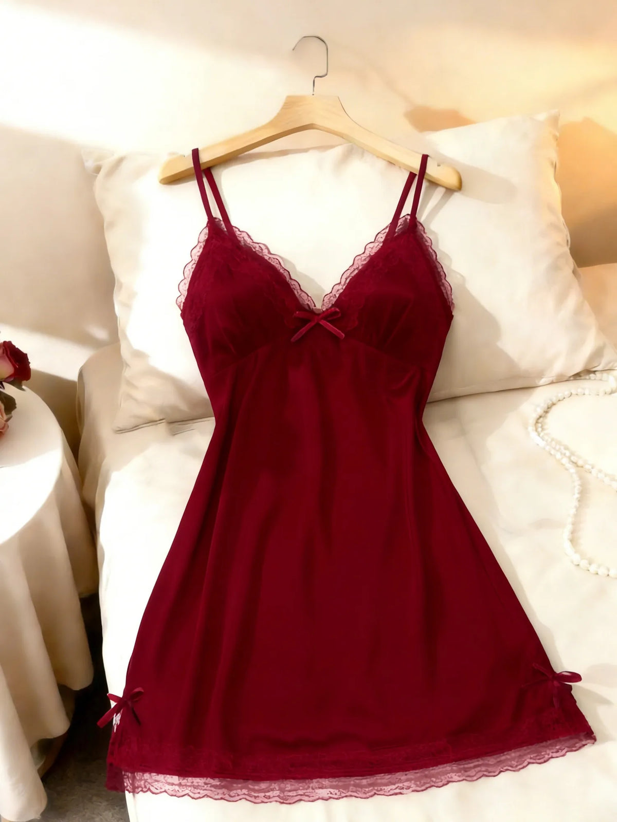 Women Lace Trim V Neck Camisole Nightgown
