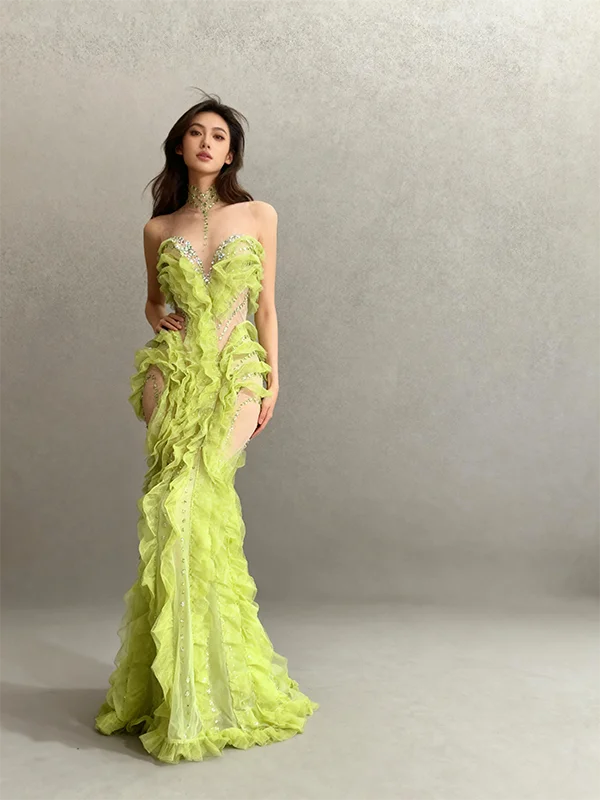 Elegant Green Rhinestones Mesh Maxi Dress