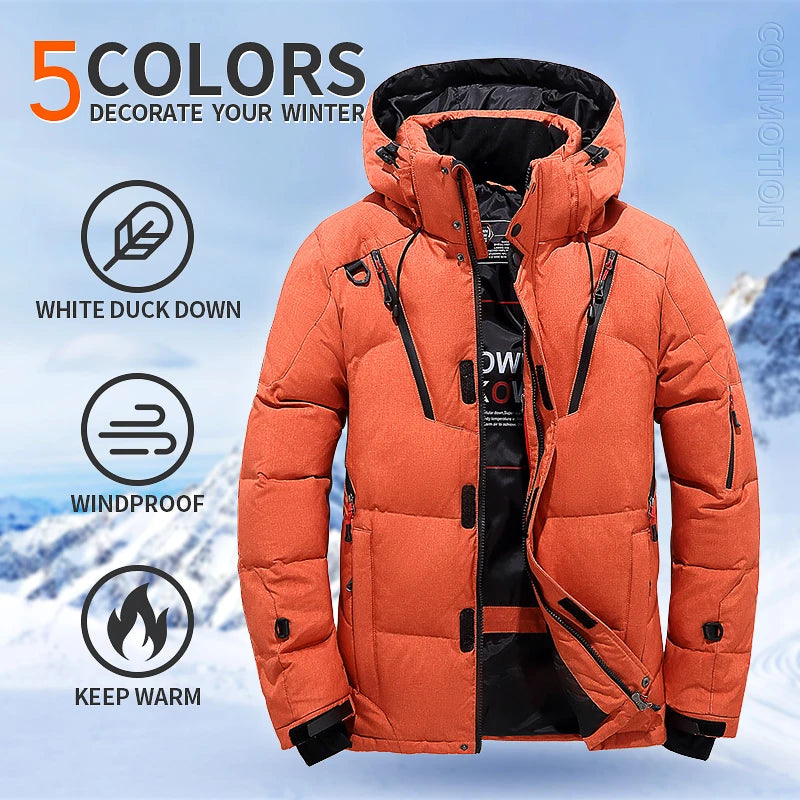 Men's White Duck Down Winter Jacket Hooded Parka