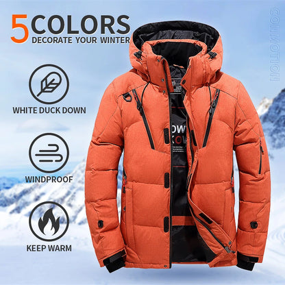 Men's White Duck Down Winter Jacket Hooded Parka