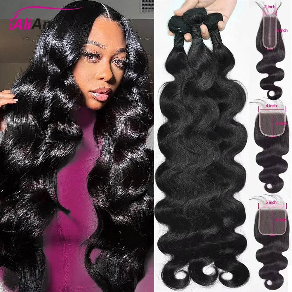 Body Wave Human Hair Bundles With Closure Natural Black