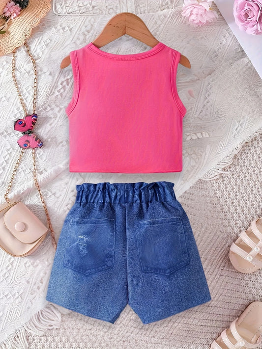 Girls' Tie-Dye Printed Vest Suit with Blue Shorts