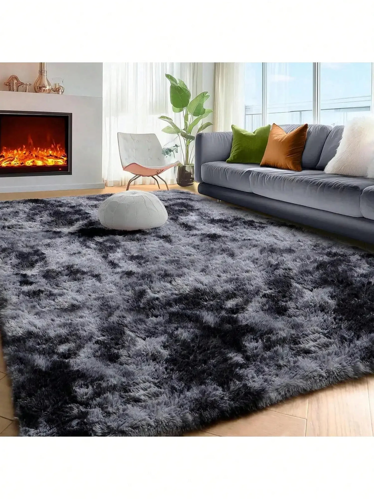 Black Plush Long-Pile Carpet, Soft Non-Slip Rug