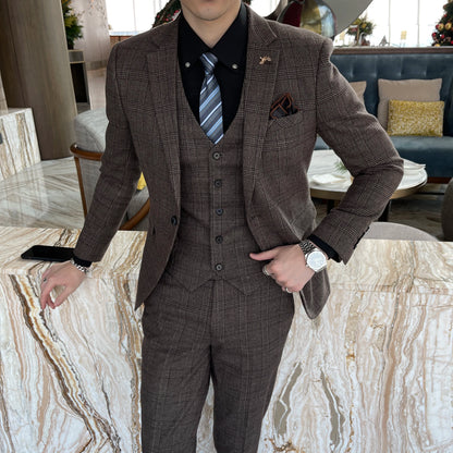 Modified Plaid Three-Piece Suit for Men
