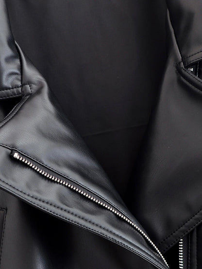 Black Faux Leather Vintage Trench Coat for Women