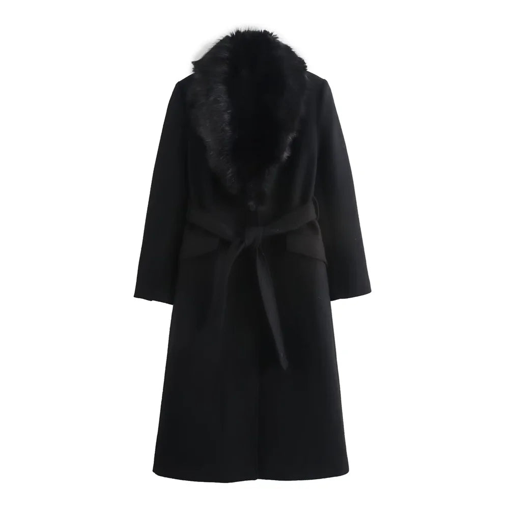 Women's Long Polyester Coat with Fur Collar and Pockets