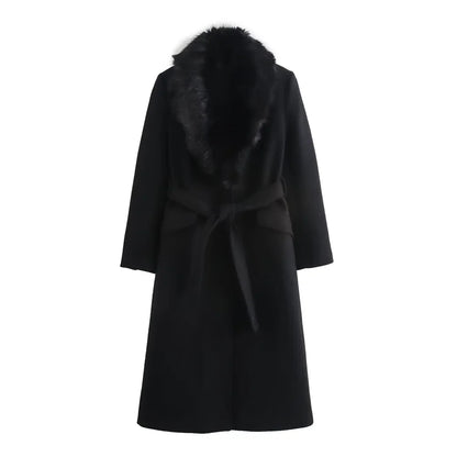 Women's Long Polyester Coat with Fur Collar and Pockets