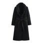 Women's Long Polyester Coat with Fur Collar and Pockets