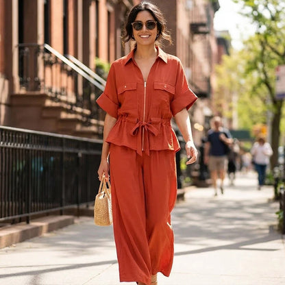 Willshela Women's Vintage 2 Piece Zipper Shirt and Trousers Set
