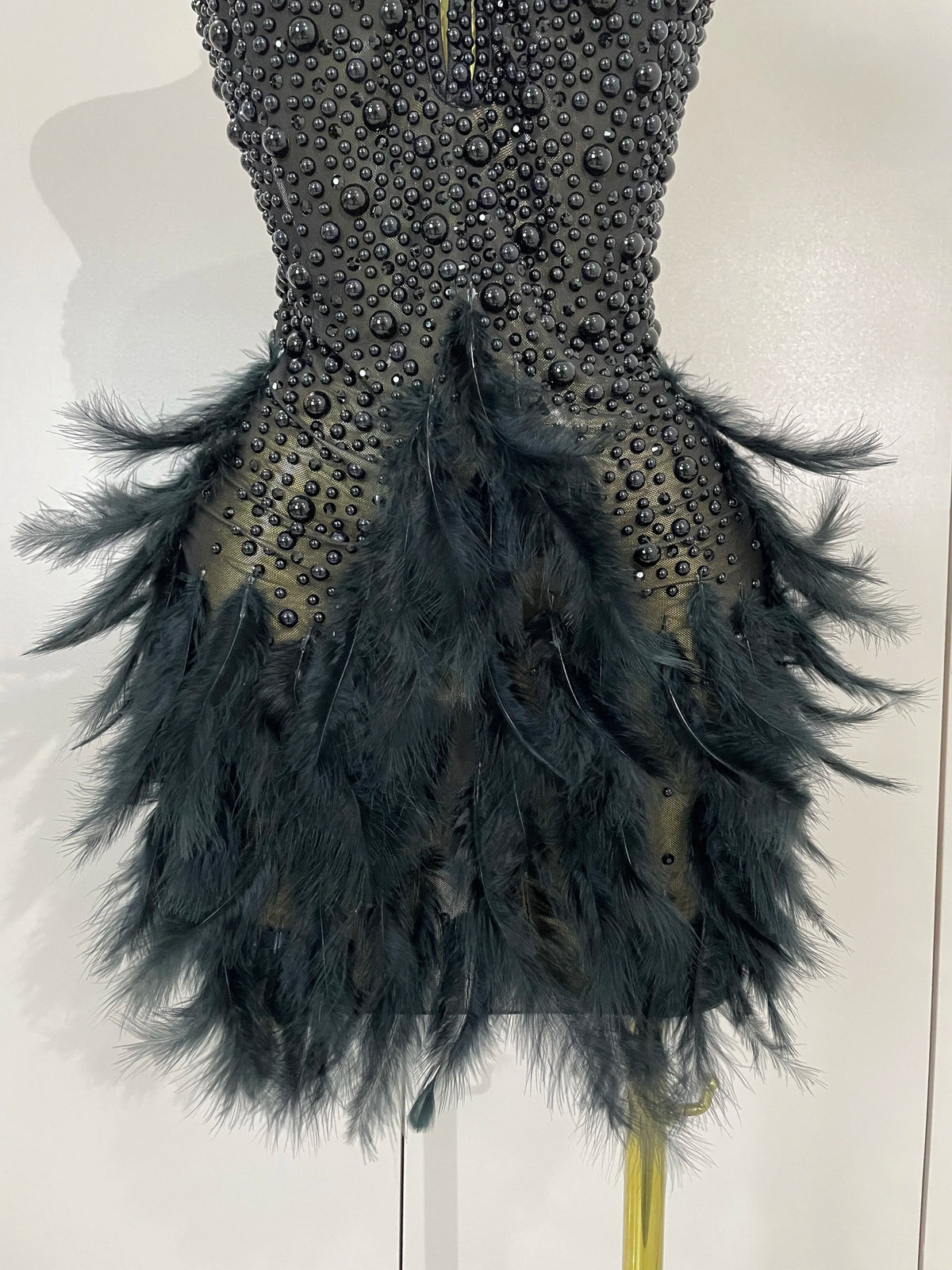Luxury Rhinestones Pearls Feathers Halter Backless Dress