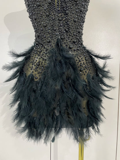 Luxury Rhinestones Pearls Feathers Halter Backless Dress
